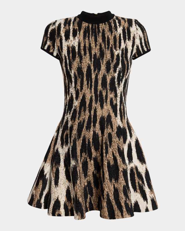 Leopard Jacquard Fit-&-Flare Mini Dress